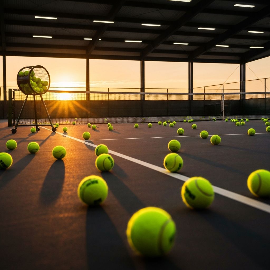 Edzőpálya labdákkal és felszereléssel arany fényben