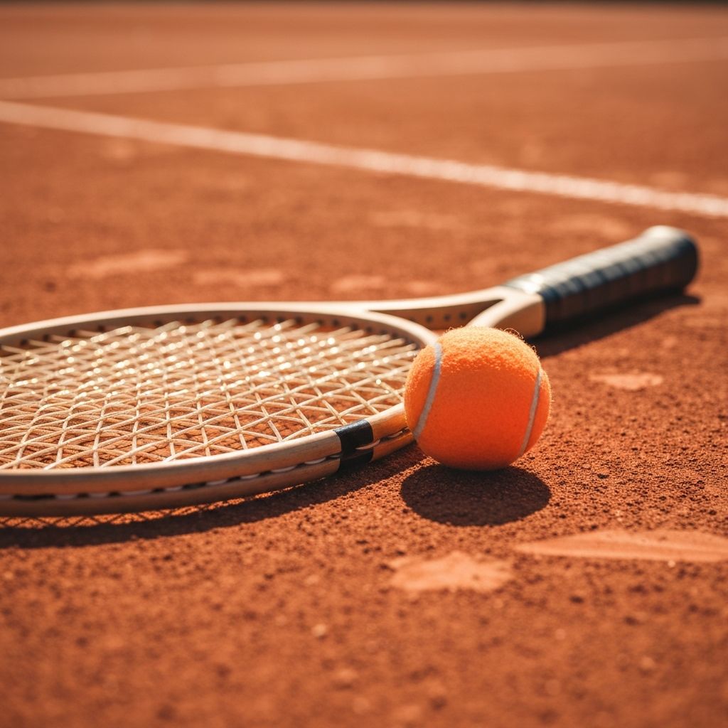 Teniszütő és labda közelről egy agyagpályán